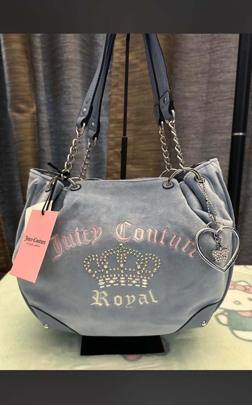 Juicy Couture Royal Kingdom Velour Tote Bag Dusty Blue
